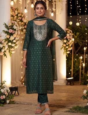 Women Embroidered Regular Chanderi Silk Kurta with Trousers & With Dupatta 6