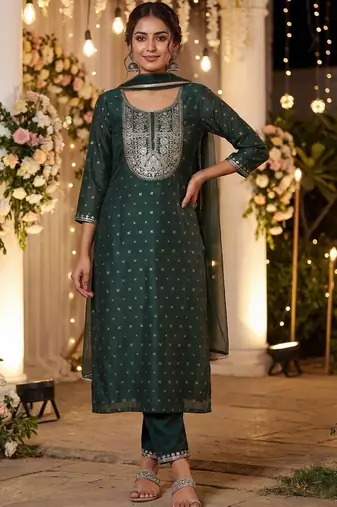 Women Embroidered Regular Chanderi Silk Kurta with Trousers & With Dupatta