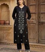 Women Embroidered Regular Black Thread Work Kurta with Trousers
