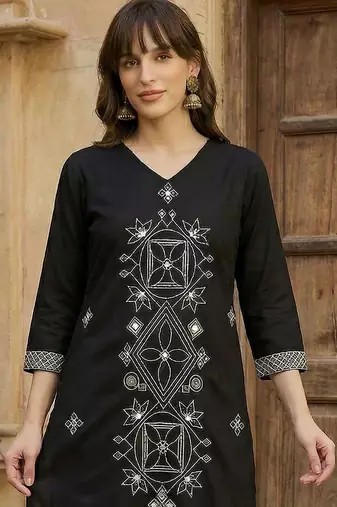 Women Embroidered Regular Black Thread Work Kurta with Trousers