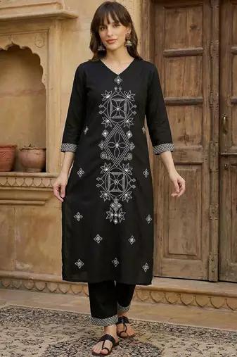 Women Embroidered Regular Black Thread Work Kurta with Trousers