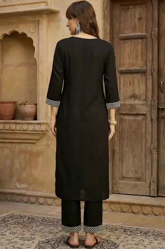Women Embroidered Regular Black Thread Work Kurta with Trousers
