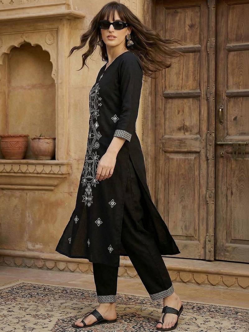 Women Embroidered Regular Black Thread Work Kurta with Trousers