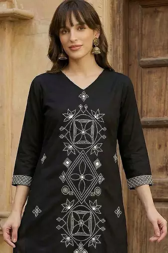 Women Embroidered Regular Black Thread Work Kurta with Trousers