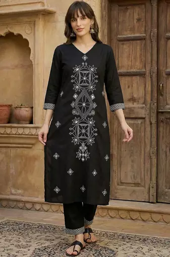 Women Embroidered Regular Black Thread Work Kurta with Trousers