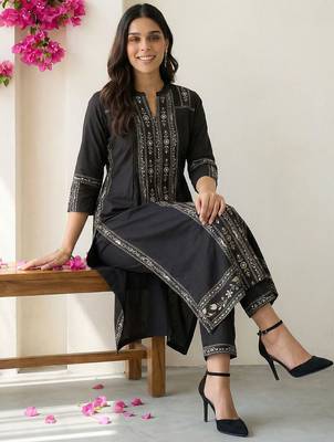 Women Ethnic Motifs Printed Regular Mirror Work Pure Cotton Kurta with Trousers 5