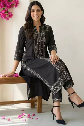 Women Ethnic Motifs Printed Regular Mirror Work Pure Cotton Kurta with Trousers