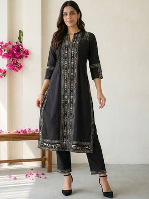 Women Ethnic Motifs Printed Regular Mirror Work Pure Cotton Kurta with Trousers 6