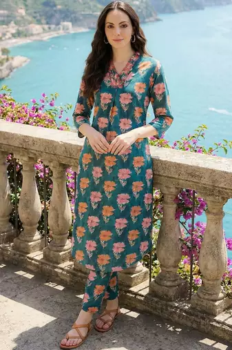 Women Floral Printed Pleated Beads and Stones Pure Cotton Kurta with Trousers