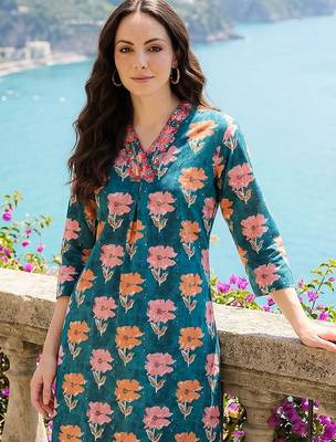 Women Floral Printed Pleated Beads and Stones Pure Cotton Kurta with Trousers 2