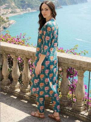 Women Floral Printed Pleated Beads and Stones Pure Cotton Kurta with Trousers 3