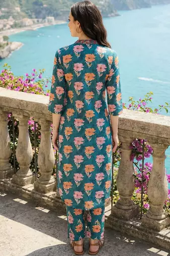Women Floral Printed Pleated Beads and Stones Pure Cotton Kurta with Trousers