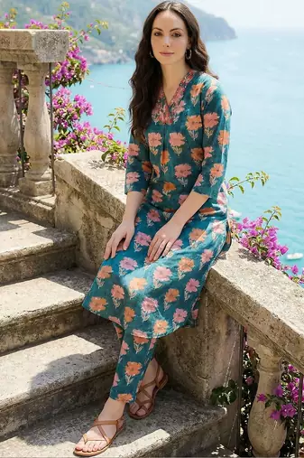 Women Floral Printed Pleated Beads and Stones Pure Cotton Kurta with Trousers