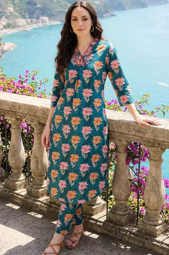 Women Floral Printed Pleated Beads and Stones Pure Cotton Kurta with Trousers