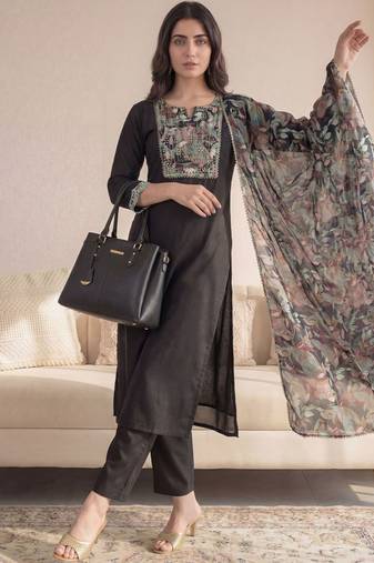 Black Printed Straight Kurta Trousers Dupatta Set