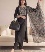 Black Printed Straight Kurta Trousers Dupatta Set
