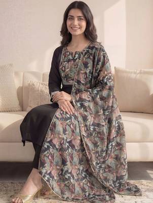Black Printed Straight Kurta Trousers Dupatta Set 2