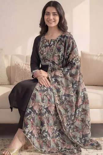 Black Printed Straight Kurta Trousers Dupatta Set