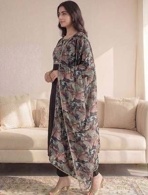 Black Printed Straight Kurta Trousers Dupatta Set 3