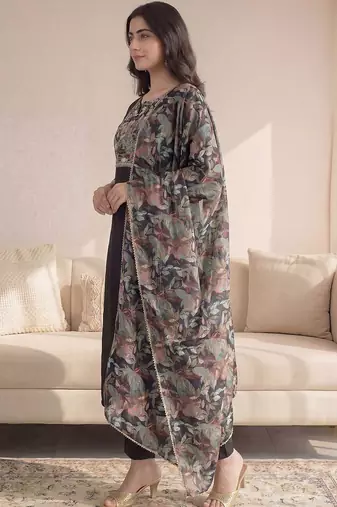 Black Printed Straight Kurta Trousers Dupatta Set