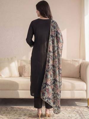 Black Printed Straight Kurta Trousers Dupatta Set 4