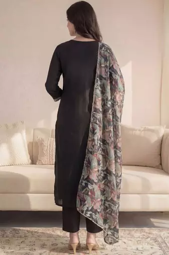Black Printed Straight Kurta Trousers Dupatta Set