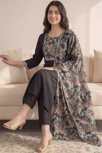 Black Printed Straight Kurta Trousers Dupatta Set