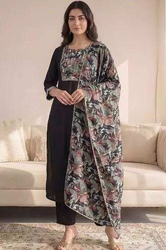 Black Printed Straight Kurta Trousers Dupatta Set