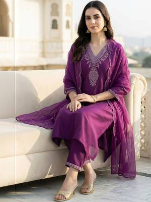 Women Ethnic Motifs Embroidered Regular Thread Work Kurta with Trousers & With Dupatta 1