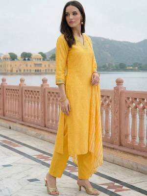Women Ethnic Motifs Printed Regular Thread Work Kurta with Trousers & With Dupatta 3