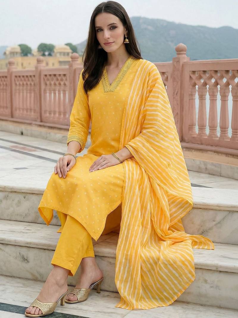 Women Ethnic Motifs Printed Regular Thread Work Kurta with Trousers & With Dupatta