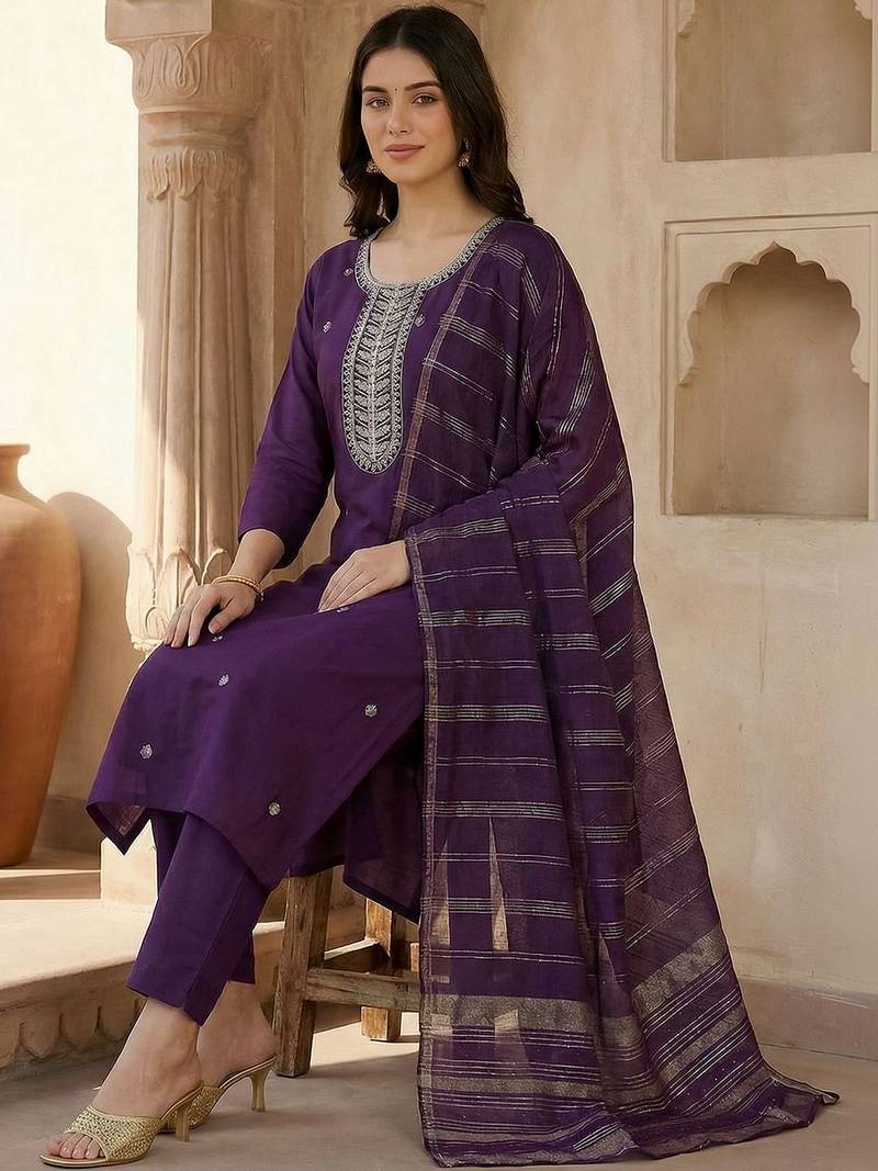 Women Ethnic Motifs Embroidered Regular Kurta with Trousers & With Dupatta