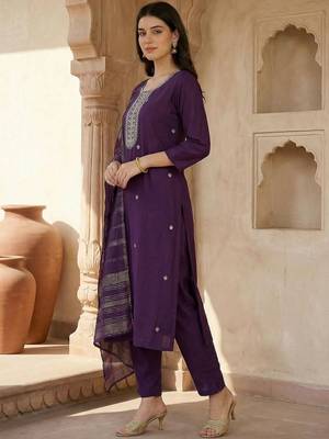 Women Ethnic Motifs Embroidered Regular Kurta with Trousers & With Dupatta 4