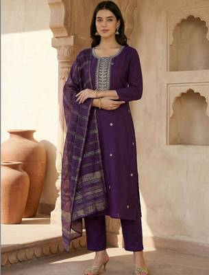 Women Ethnic Motifs Embroidered Regular Kurta with Trousers & With Dupatta 6