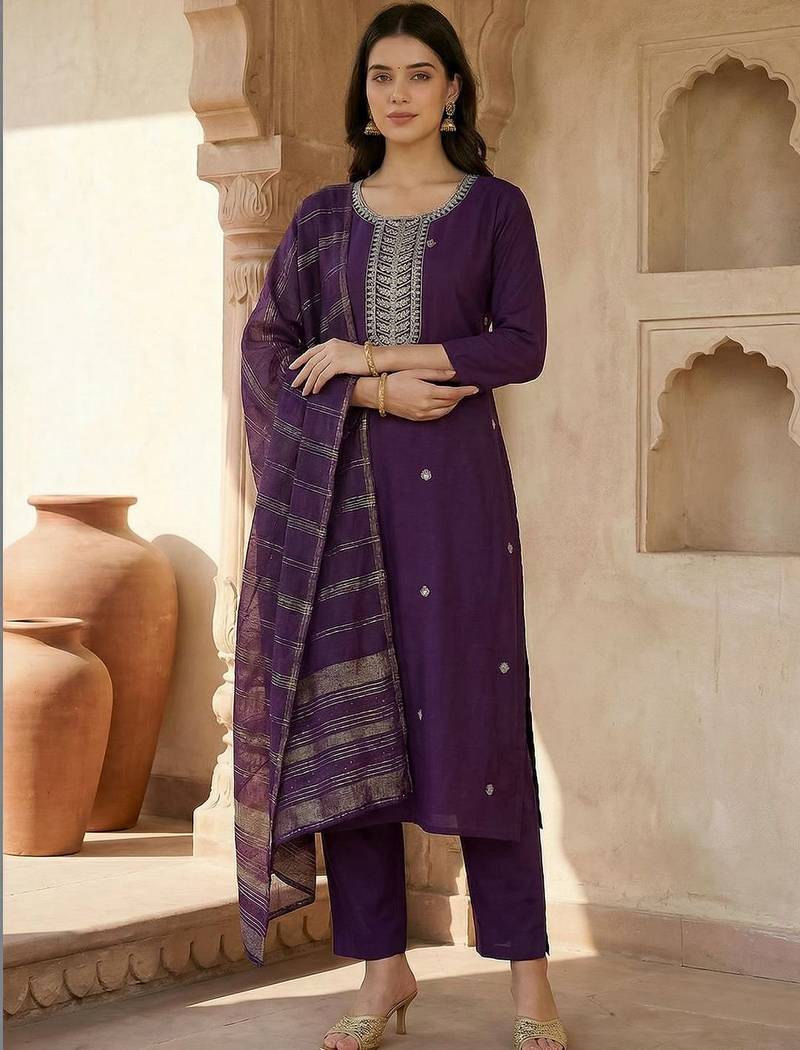 Women Ethnic Motifs Embroidered Regular Kurta with Trousers & With Dupatta