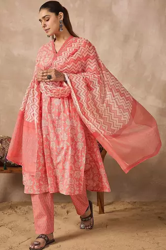 Women Floral Printed Empire Pure Cotton Kurta with Trousers & With Dupatta