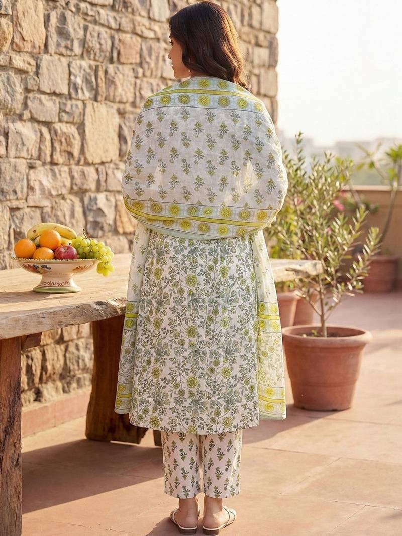 Women Floral Printed Regular Pure Cotton Kurta with Trousers & With Dupatta