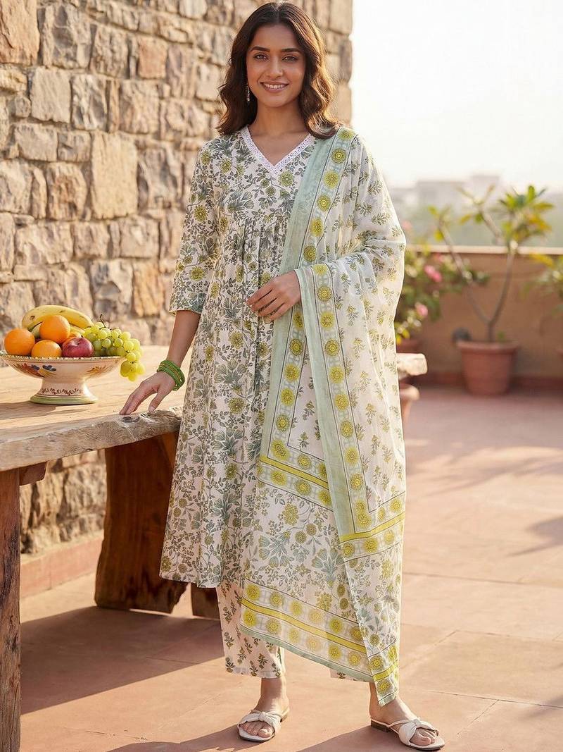 Women Floral Printed Regular Pure Cotton Kurta with Trousers & With Dupatta