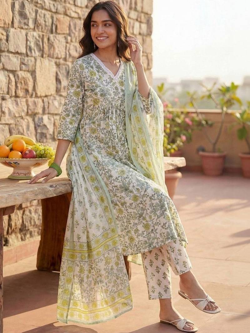 Women Floral Printed Regular Pure Cotton Kurta with Trousers & With Dupatta