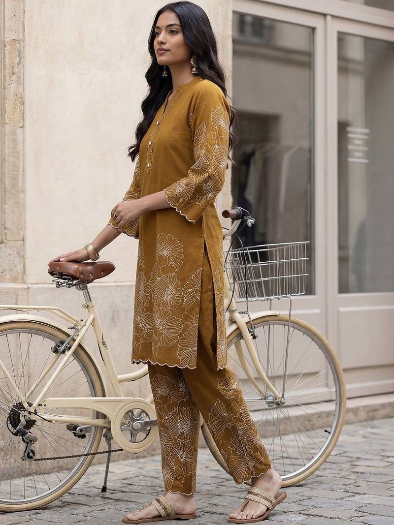Women Floral Embroidered Regular Thread Work Pure Cotton Kurta with Trousers