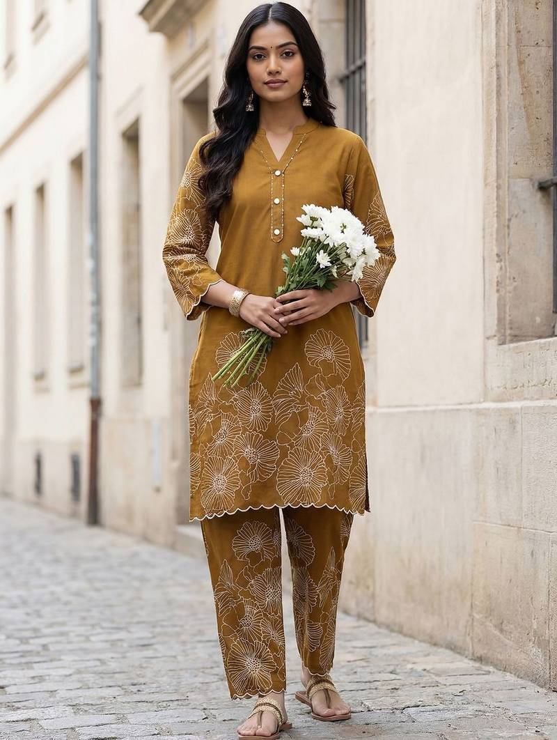 Women Floral Embroidered Regular Thread Work Pure Cotton Kurta with Trousers