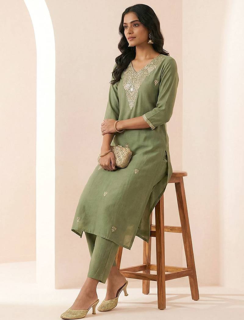 Women Ethnic Motifs Embroidered Regular Thread Work Kurta with Trousers