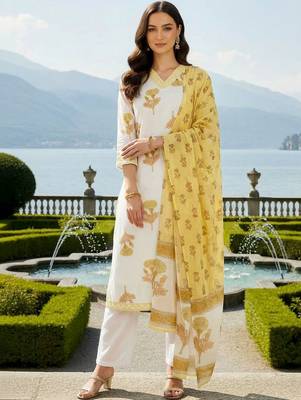 Women Floral Printed Regular Pure Cotton Kurta with Trousers & With Dupatta 1