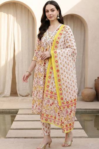 Women Floral Printed Empire Pure Cotton Kurta with Trousers & With Dupatta