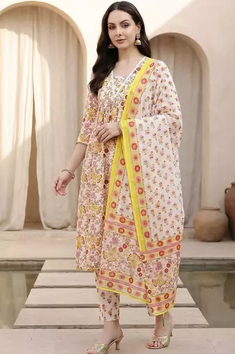 Women Floral Printed Empire Pure Cotton Kurta with Trousers & With Dupatta