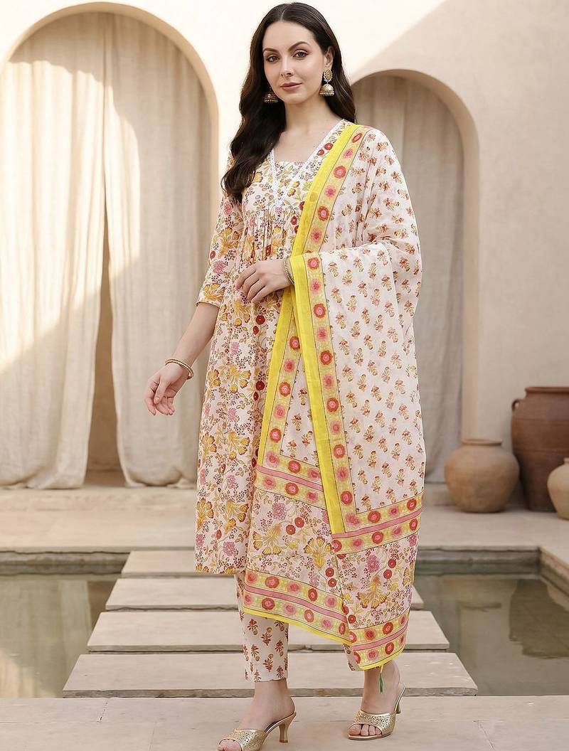 Women Floral Printed Empire Pure Cotton Kurta with Trousers & With Dupatta