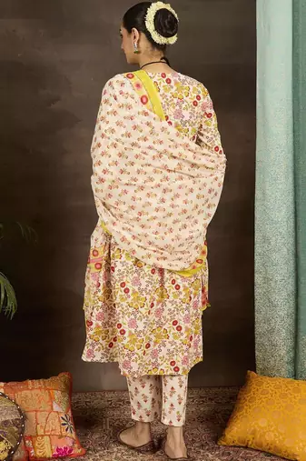 Women Floral Printed Empire Pure Cotton Kurta with Trousers & With Dupatta