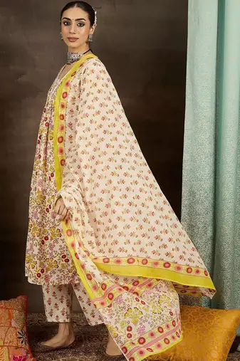 Women Floral Printed Empire Pure Cotton Kurta with Trousers & With Dupatta