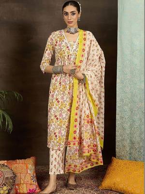 Women Floral Printed Empire Pure Cotton Kurta with Trousers & With Dupatta 6