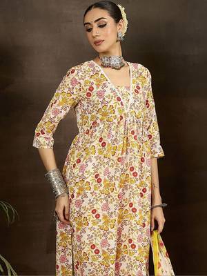 Women Floral Printed Empire Pure Cotton Kurta with Trousers & With Dupatta 7